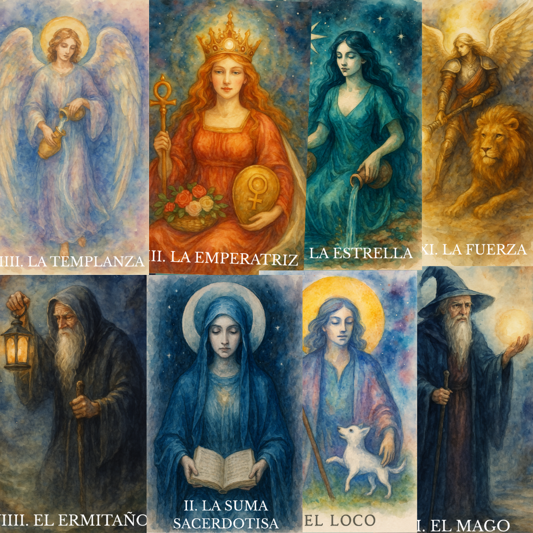 Tarot Puente de Luz – 22 Arcanos Mayores (Estilo Acuarela)